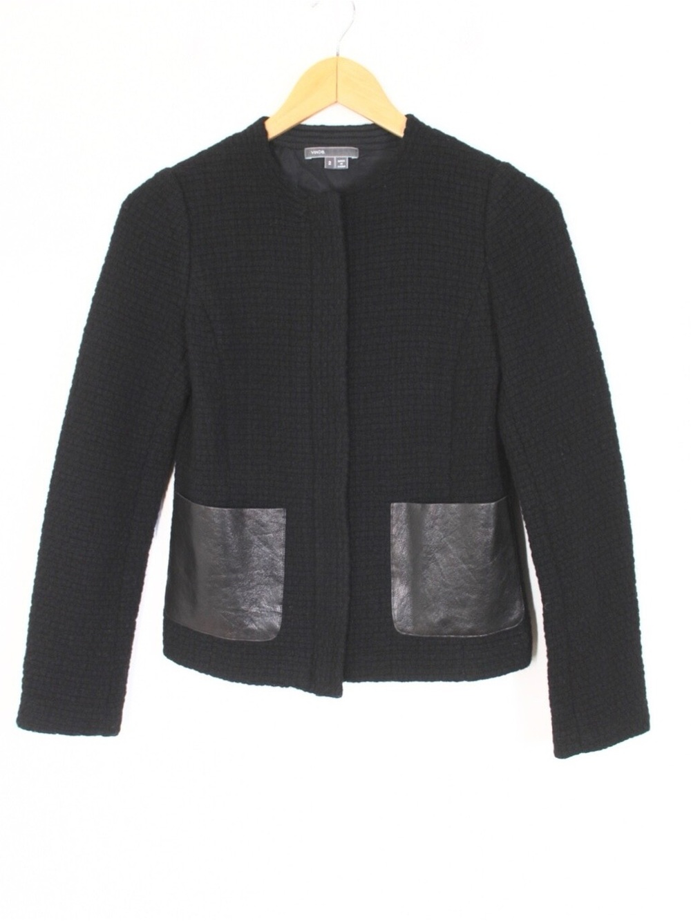 Vince Black Textured Collarless Jacket with Leather Trim